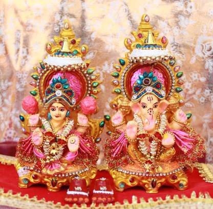 Kumhart Laxmi Ganesh Clay Murti for Diwali Pooja | Clay Lakshmi Ganesha Idol Pair Decorative Showpiece  -  14 cm
