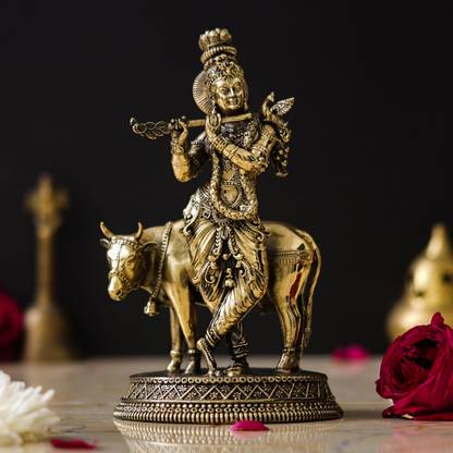 THOLIYA ARTS 7 Inch Krishna Standing With Cow Idol Kanha Playing Flute Murti Statue For Home Decorative Showpiece - 17.78 cm