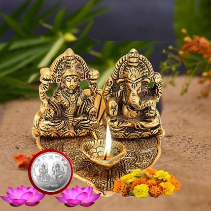 Kitlyn Laxmi Ganesh (3.2 inches) Brass Murti Set Diya | Laxmi Ganesh Murti Set | Coin Aluminium Table Diya