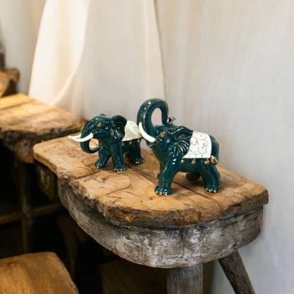 Aalyadecore Teal Elephant Figurine (Set Of2) Cer Decorative Showpiece  -  17.78 cm
