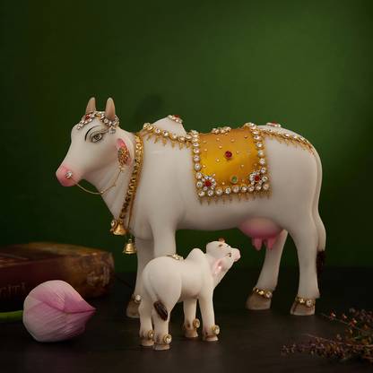 DecorTwist Marble Kamdhenu Cow Calf Statue for Home Office Decor Cow and Calf Idol Decorative Showpiece  -  20.5 cm