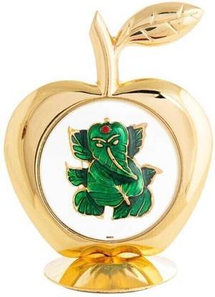 INTERNATIONAL GIFT Gold Plated Leaf Ganesh Idol In Apple Shape | For Car Dashboard Accessories Decorative Showpiece  -  12 cm