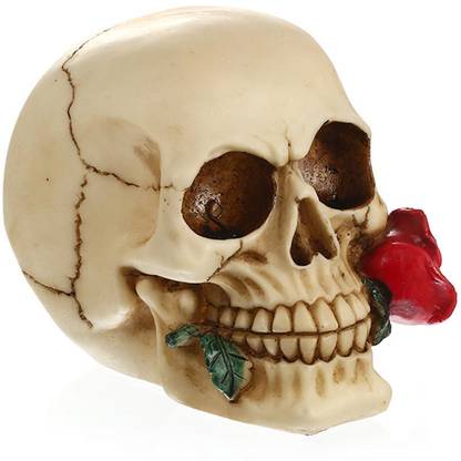 BNF Romantic 3D Skeleton Skull with Rose in Mouth Model Head Bone Ornament Decorative Showpiece  -  10 cm