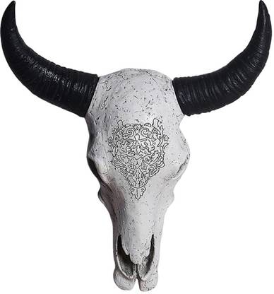 BNF Bull Skull Sculpture Rustic Wall Hanging White Carved Statue for Office Home Decorative Showpiece  -  10 cm