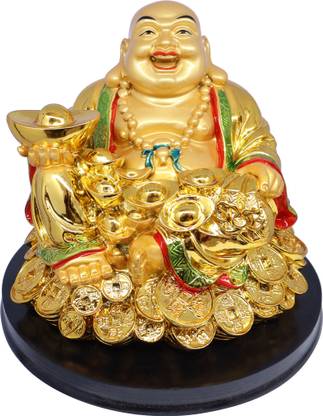 shoppersduniya Fengshui Laughing Buddha with Ingot in Hand on Bed of Coin Decorative Showpiece  -  20.2 cm