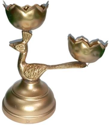 Adorable Creations Metal Tealight Candle Holder Gold Moor Shape with 2 Iron Metal Peacock Design Decorative Showpiece  -  20 cm