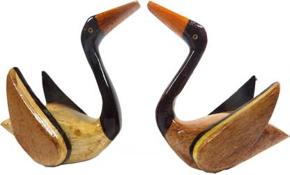 oriville Small Wood-Carved Pair of Kissing Swan/Duck for Home/Table Décor Decorative Showpiece  -  10 cm