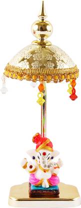 jagriti enterprise marble ganpati idol with gold plate umbrella for car and home decor Decorative Showpiece  -  20 cm