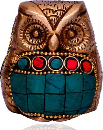 Purpledip Brass Owl Statue with gemstone work: Feng Shui Lucky Charm Decorative Showpiece  -  5 cm