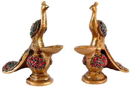 Myriad Brass Peacock with Deepa - Good Luck and Prosperity Decorative Showpiece Decorative Showpiece  -  14 cm