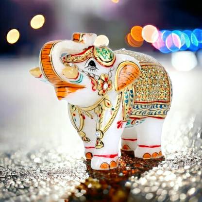 Pooja Creation White Marble Painted Elephant For Home Decorative 4 inch Decorative Showpiece  -  8 cm