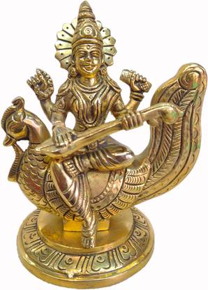 Anjini Maa Saraswati Pure Brass Smiling Face Idol 5.5 Inches Decorative Showpiece  -  14 cm