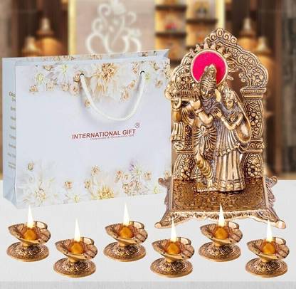 INTERNATIONAL GIFT Brown Radha Krishna Idol Statue With 6 Diya | Box & Bag | For Pooja, Mandir Decorative Showpiece  -  14 cm