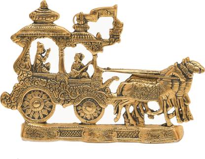 Rockshok Metal Arjun Krishna Geeta SAR Rath Chariot Wall Hanging(w x h- 25.4 x 19cm,Gold) Decorative Showpiece - 19 cm