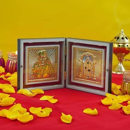 Puja N Pujari Gold Plated SaiBaba Tirupati Balaji Photo Frame with Shubh Labh Charan Paduka, Decorative Showpiece  -  3 cm