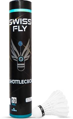 SWISS FLY Pack of 10 Durable Feather Shuttlecocks for Badminton Practice Feather Shuttle - White