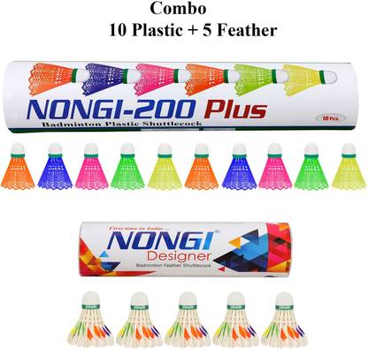 Nongi Badminton shuttle (D6 & 200plus) combo pack of 15 Feather & Plastic Shuttle  - Multicolor
