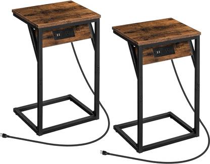 AMORINI Set of 2 C-Shaped End Tables with Charging Station, Side Table for Sofa Metal Side Table