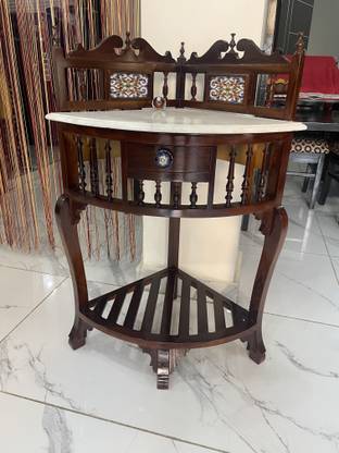 QA Antique Handicraft Look Traditional Corner Console Table Solid Teak Wood with Marble Top Solid Wood Corner Table