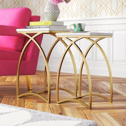 SHREE GOVINDAM EMPORIUM White Italian Composite Marble Side Nesting Table Set Of 2 Stone Side Table