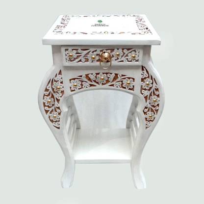 Smarts collection Antique End table; Bedside Table (Mango wood,Deco finish,White ) Solid Wood Side Table