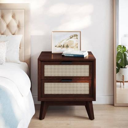 Deshnok Art Bedside Table for Bedroom Wooden Side End Table with Drawers for Living Room Solid Wood Bedside Table