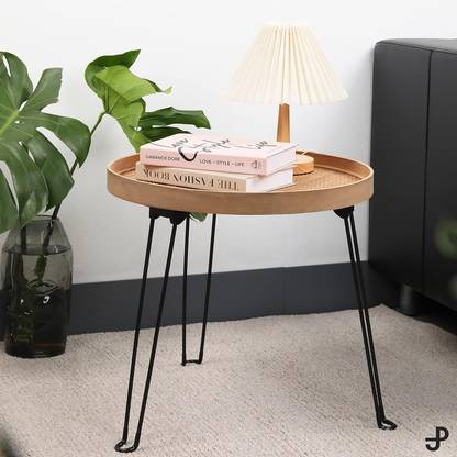 Shagun Arts HEXA Rattan Woven Cane Webbed Solid Sheesham Wood Side Table With Foldable Legs| Solid Wood Side Table