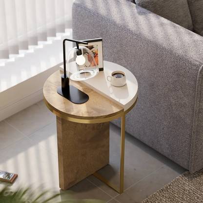 NG Decor White Round Side Table with Burl Wood Gold Stainless Steel End Table Steel End Table