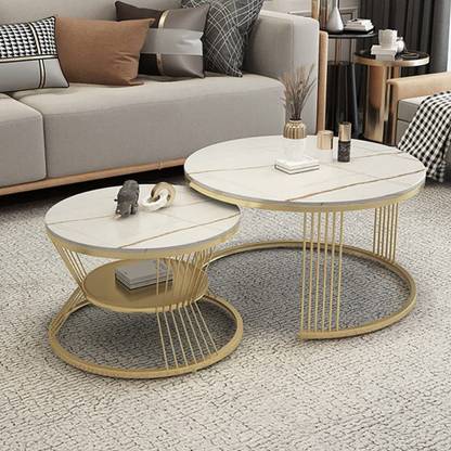 BESTQUALITY Round Coffee Table, 2-Tier Center Table for Living Room Bedroom Balcony Office Metal End Table