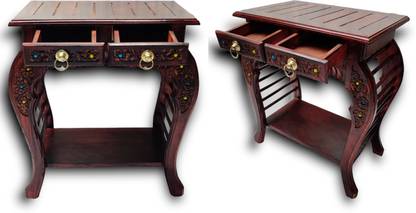 manzees Wooden Antique Bedside Table with 2 Drawer | Side Table | Set of 2 Side Table Solid Wood Bedside Table