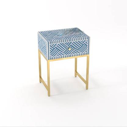 JODHA Bone Inlay Bedside Table HerringBone(Tealblue) Solid Wood Bedside Table