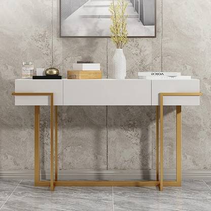 KDINTERIORS Modern White Console Table with Drawer Gold Metal Frame Engineered Wood Console Table