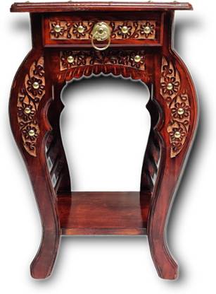 manzees Wooden Beautiful Floral Top Carving Bedside Table with drawer, End Table Solid Wood Bedside Table