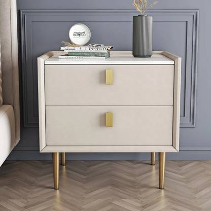 KDINTERIORS Modern Nightstand with 2 Drawers PU Leather Side Table/End Table Metal Bedside Table