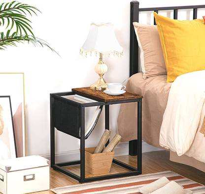 Indian Decor 48321 Small Industrial Side Table with Magazine Rack, Metal Frame, Dark Wood Metal Side Table