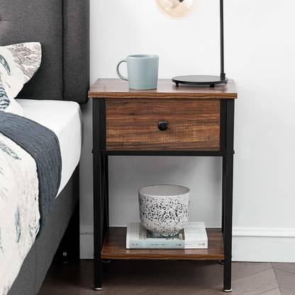 PRITI X-Design Side End Table Night Stand Storage Shelf with Bin Drawer for Living Room Engineered Wood Side Table