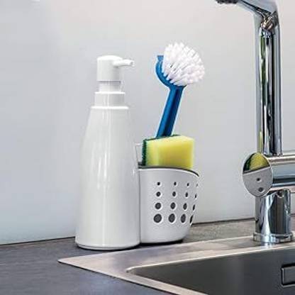 SKYZONE 2 in 1 Sink Tidy Set Stand for Kitchen & Bathroom Sink Storage Organizer Soap Holder with Liquid Dispenser Sink Sponge Holder