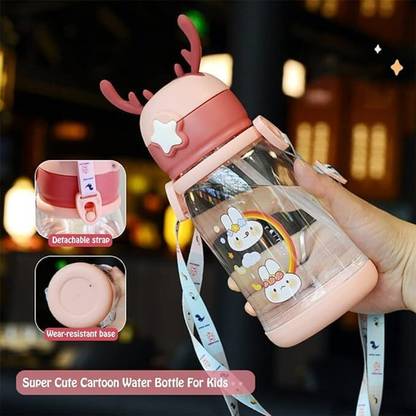 Vadhavan Leakproof Cartoon Printed Deer Horn Sipper Water Bottle with Strap, Straw