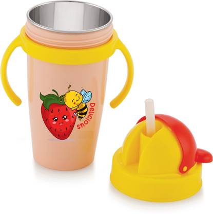 Nabhya Inner Steel Cartoon Print Water Bottle With Straw 360 ML Sipper Bottle for Kids