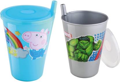 SHOPFORK Sipper Glass set of 2 Plastic Sipper Glass with Straw and Lid Baby Water Glass