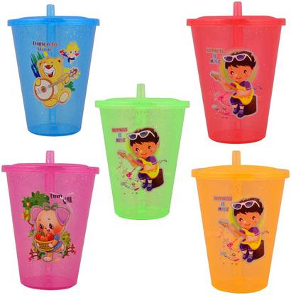 PuthaK Plastic 5 Glasses Sipper with Straw And LID, (Multicolour)