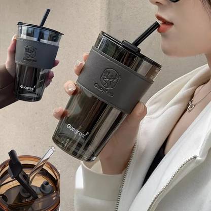 TRK IMPEX Coffee Drinking Glasses with Lids and Glass Straw Sipper Mug