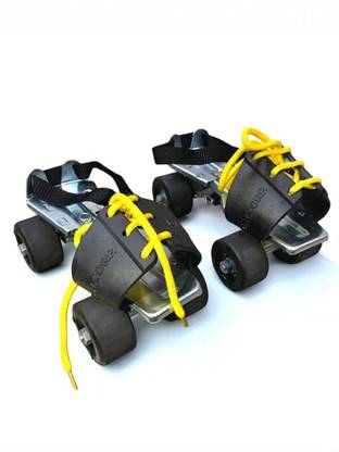 Fusion Sports Adjustable Roller Skates, Metal Frame with PVC Flaps, Blue Wheels, Yellow Laces, Quad Roller Skates - Size Free UK