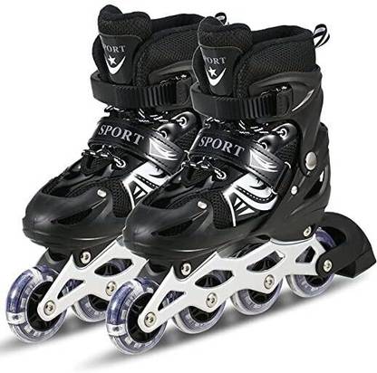 JR CLUB Kids Adjustable Inline Skates In-line Skates with LED Light Wheels (Black) In-line Skates - Size 7-9 UK