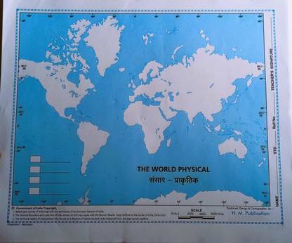 WORLD PHYSICAL BLANK MAP SIZE - A4 65 GSM, PROJECT PAPER (Set of 100 WHITE,BLUE) Paper Print