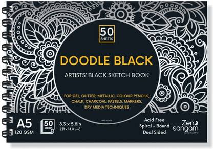 Zen Sangam Express your Mind Doodle Black Paper Sketchbook Drawing Note, A5 (Landscape) - 120GSM - 50 Sheets (100 Pages) - Wiro Spiral Black paper sketch book Sketch Pad