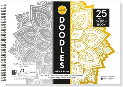 Zen Sangam Express your Mind 25 Sheets A3 Doodles Sketch Book – 16.5 x 11.7 Inch – SpiralBound Sketchpad for Beginners - Acid Free Paper for Doodling, Drawing Sketch Pad