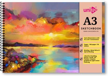 UNIGO A3 Sketch book, Spiral Bound, 42L x 29.7W cm, Bright Paper for Art Lovers, Sketch Pad
