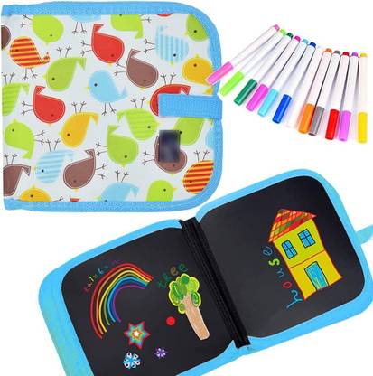 Manogyam Doodle Art Book, Reusable Drawing Pads with 12 Watercolor Pens & 2 Wet Wipes for Sketch Pad