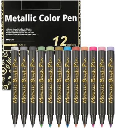 Soucolor 12 Pcs Metallic Marker Pens Color Pen 12 Colours Glitter Paint Pen Marker Fine Nib Sketch Pens